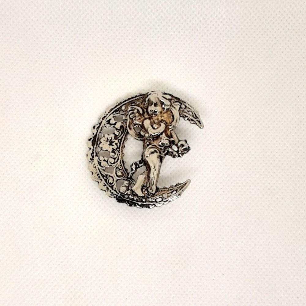 Vintage Cherub Brooch Sivertone Filligree Flowers Renaissance Revival Inspired